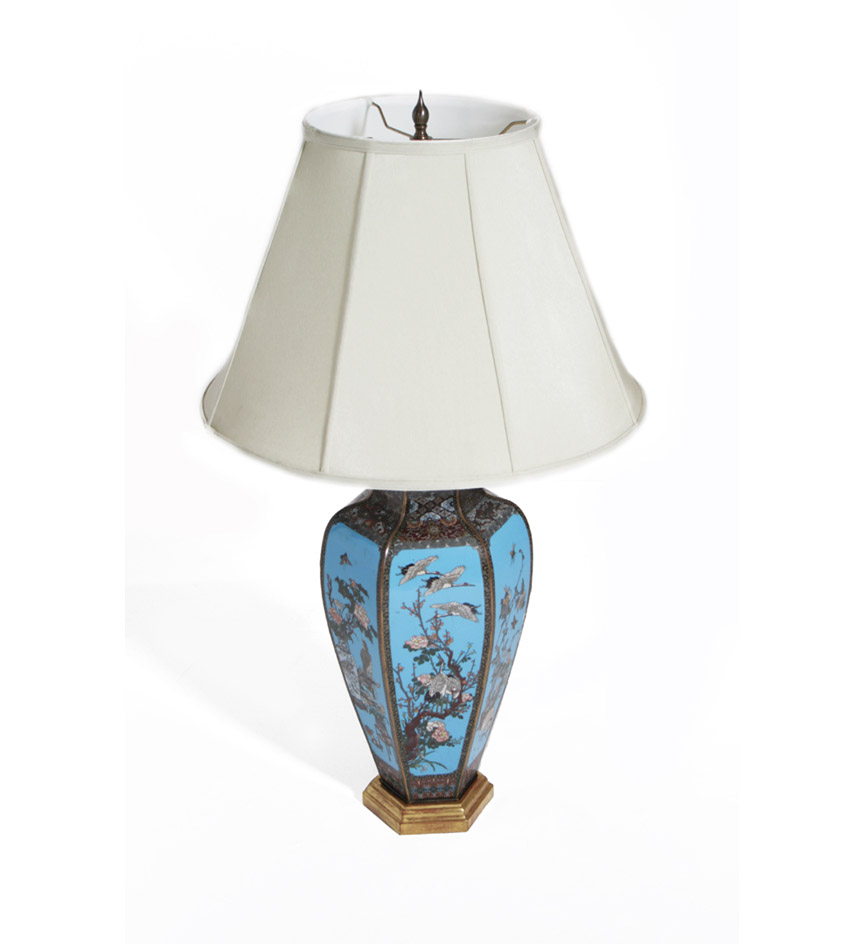 A pair of Chinese turquoise ground cloisonne hexagonal vases, now mounted as lamps.