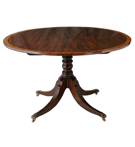 A Regency satinwood crossbanded mahogany circular breakfast table raised on a ring turned column and quatropod supports terminating in brass casters.