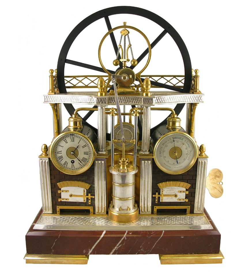 A good French industrial series gilt and silvered brass miniature steam-engine form weather station with a large flywheel and piston, the brickwork furnaces housing the timepiece and barometer in drums flanking a central thermometer, raised on rouge marble plinth.

The series of French Industrial clocks were made at the end of the 19th century in response to the ongoing Industrial Revolution and the public fascination with the machine age.
