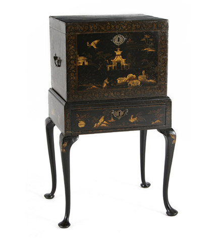A George III chinoiserie black lacquer and gilt decorated cellarette with hinged lid and landscape with pagoda decoration,  on a 19th century, cabriole-legged stand fitted with a single drawer.