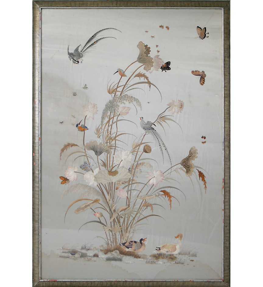 19th Century Chinese embroidery on silk depicting lotus blossoms, butterflies and waterfowl on a pale ground.