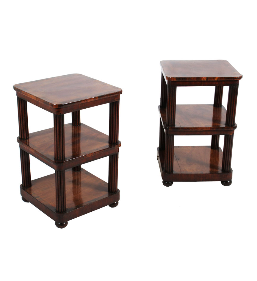 A pair of late Regency mahogany three-tier stands with rosewood crossbanding.  Provenance:  Sir William Ackroyd, Baronet, Buckland, Newton Place, Dorset.