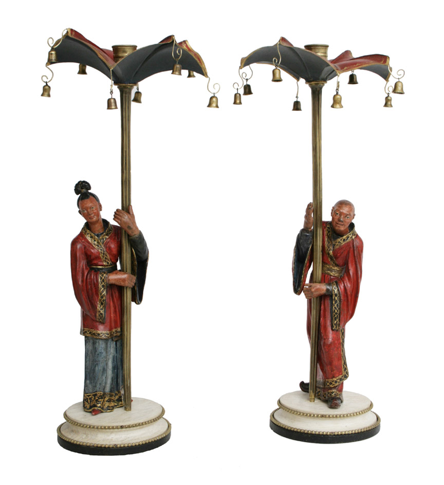 A pair of French 19th c. tole chinoiserie figural candlesticks. 
