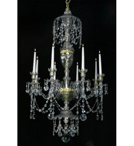 A very fine Adams 8-light cut glass and ormolu mounted  chandelier with swirl-cut urn standard.