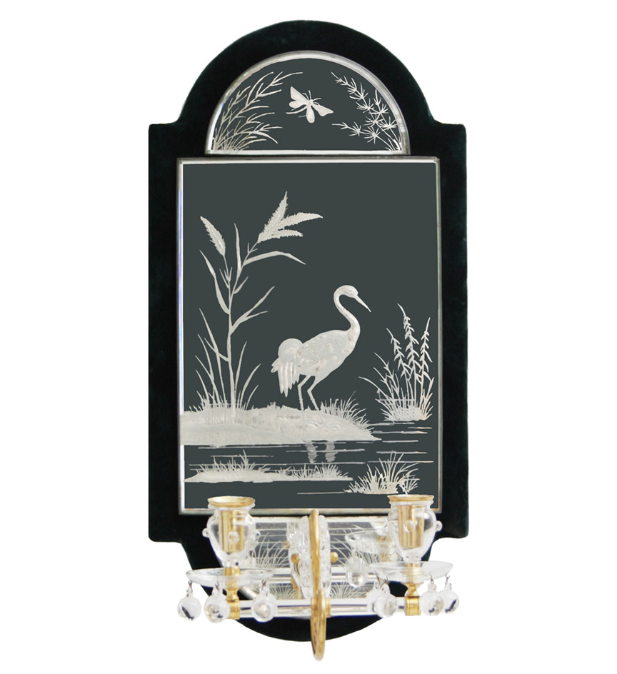 A set of four velvet-backed etched mirror plate two-light sconces depicting herons and storks; probably Osler.