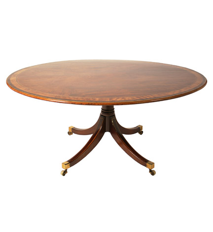Late George III mahogany breakfast table with satinwood and rosewood crossbanding, the oval tilt top on a ring turned pedestal with downswept legs ending in casters.