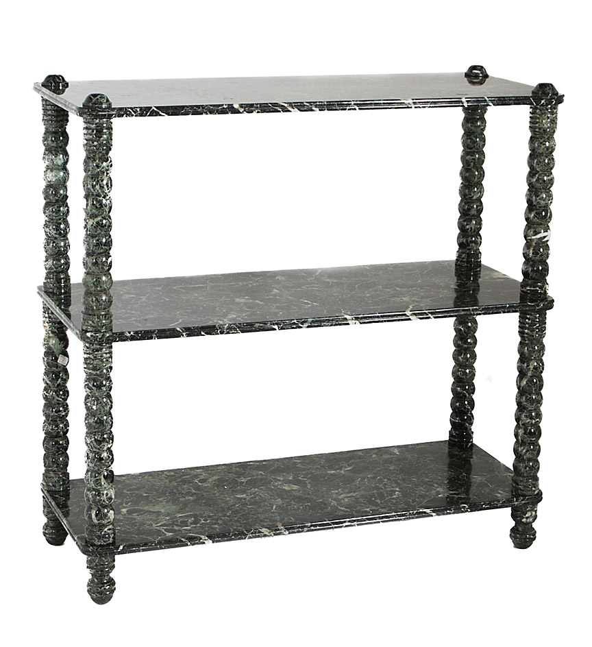 A French Louis Philippe verde antico marble etagere or buffet with ball-turned supports and three open shelves.