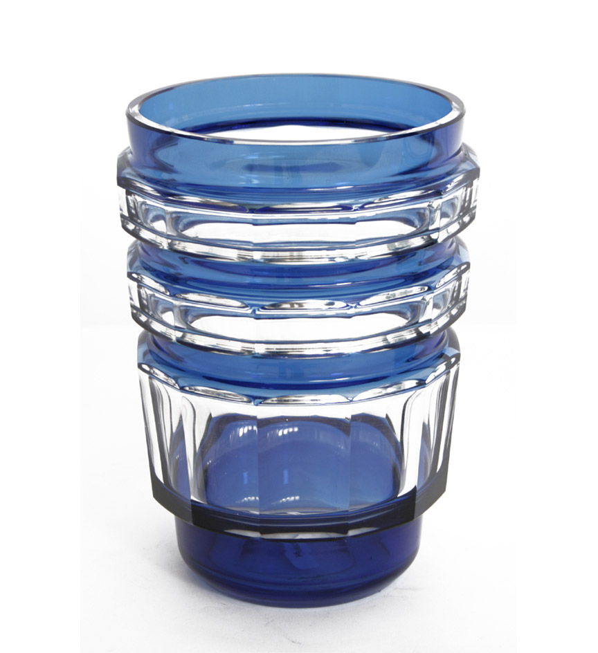 An Art Deco blue over clear  glass vase by Charles Graffart for Val St. Lambert, Belgium, with three colored bands alternating with clear cut paneled sides.