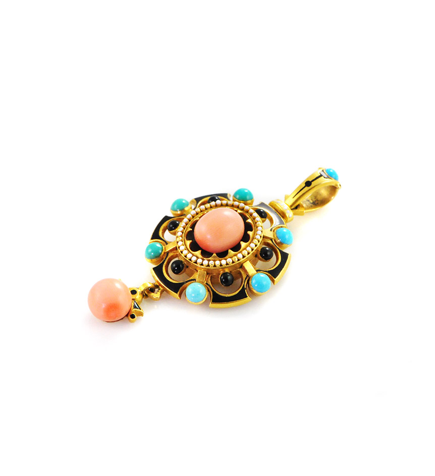 An antique gold openwork pendant set with turquoise and coral, with black and white enamel embellishment, in 18k.